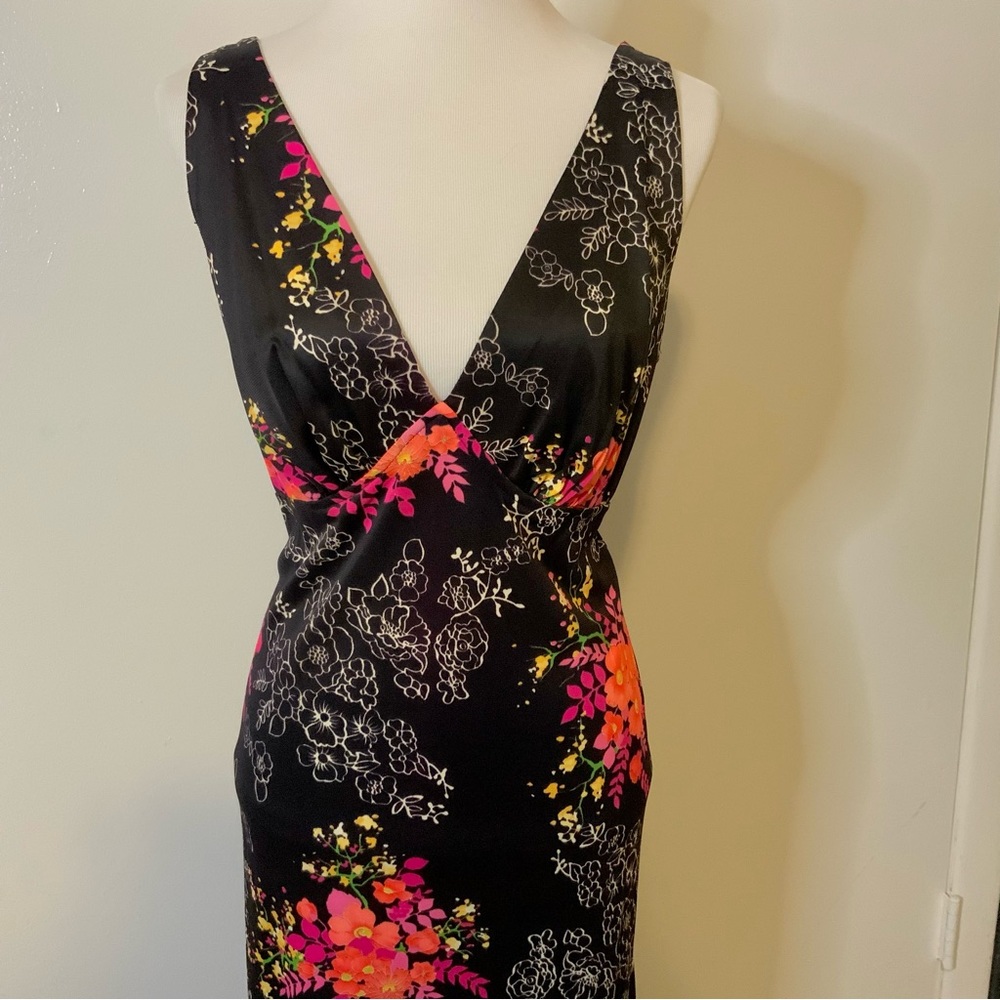 Floral V-Neck Maxi Dress in Black with Pink & Orange Accents